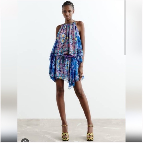 💙 ZARA BOHO BLUE MULTI ABSTRACT COLD SHOULDER LOOSE FIT CROPPED TOP! - Picture 12 of 16